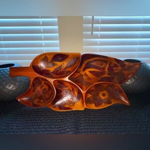 Vintage MCM Wood Decorative Tray With Floral &‎ Fish